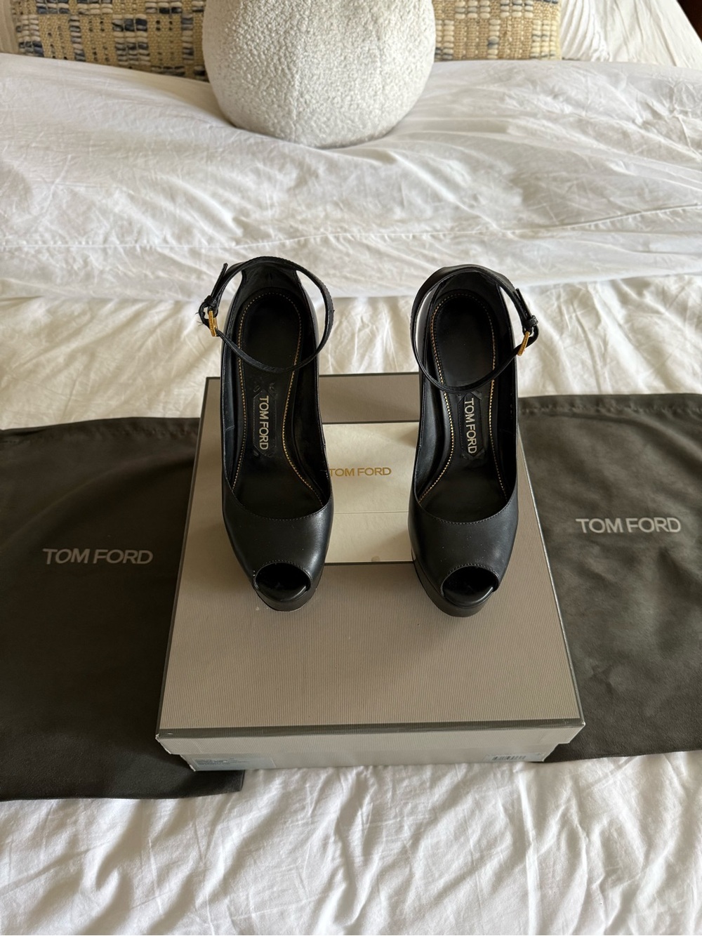 Tom Ford Black Leather Peep-Toe Ankle-Strap Heels with Gold Buckle